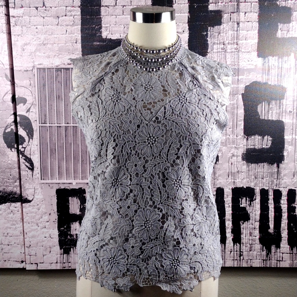 Adiva Gray Cap Sleeve Lace Blouse